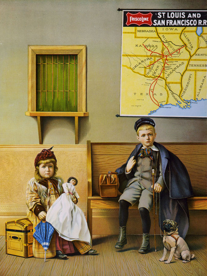 1898 poster showing a boy and a girl in a Frisco waiting room